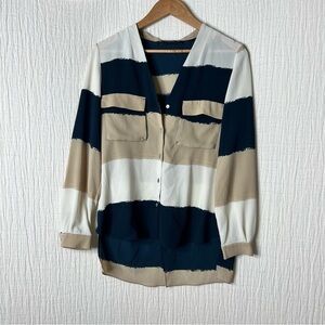 Zara Basic Tan Blue Cream Striped Long Sleeve Blouse V-Neck Split Back Hem M